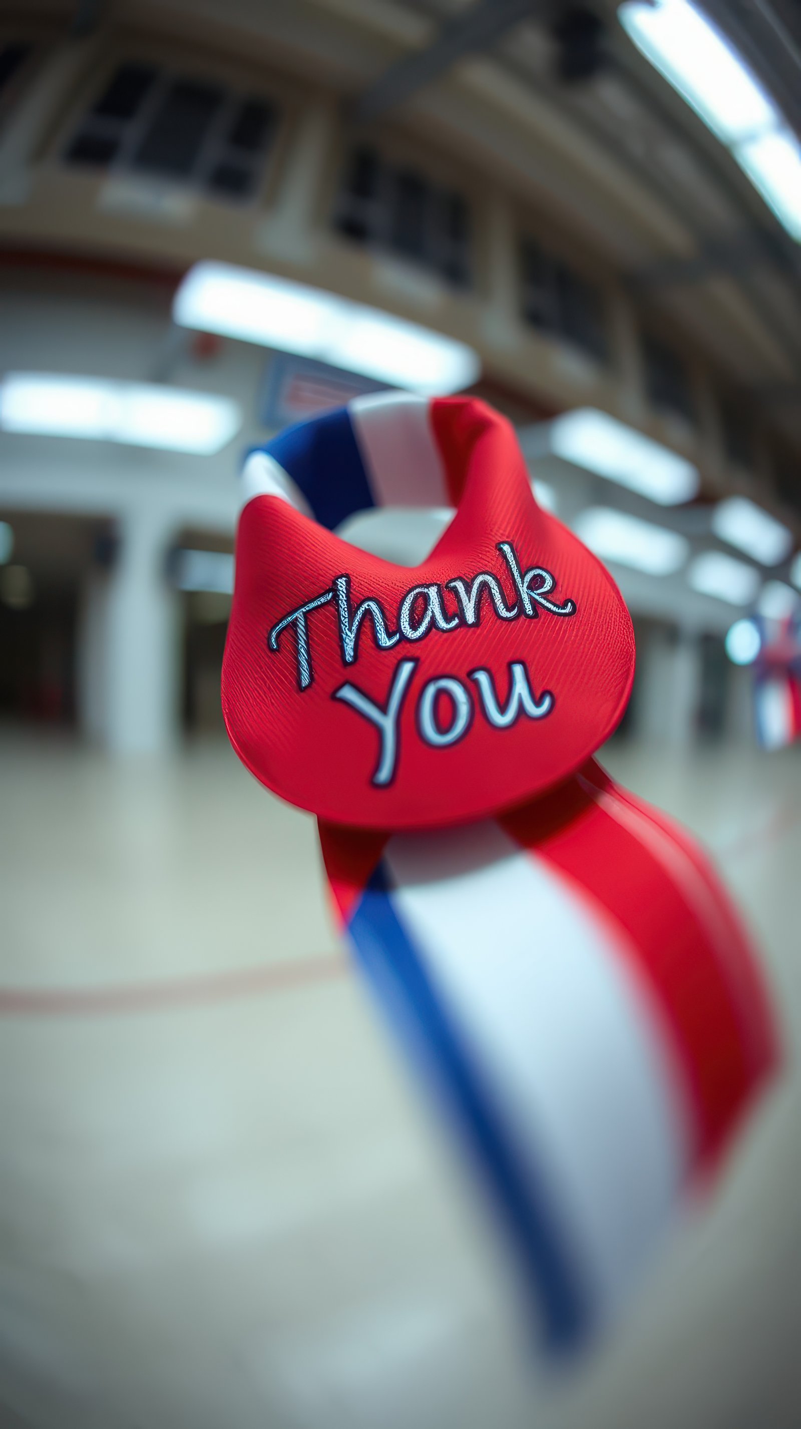 Thank you ribbon displayed in a spacious indoor area during a community appreciation event